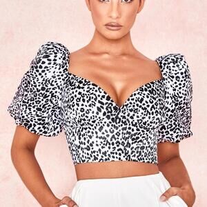 House of CB London Dalmatian Satin Crop Top Leopard Puff Sleeve White Black XS